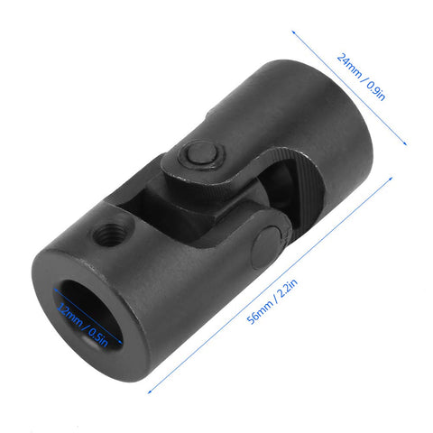 Universal Joint Shaft Coupling Rock Solid 0.5 Inch Inner Diameter 0.9 Inch Outer Diameter 2.2 Inch Length 360 Degree Rotatable Metal U Joint Coupler With Screws For Motor Shafts And Robotic Linkages shown with dimensions.