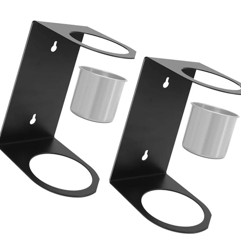 Kickass Wall Mounted Funnel Organizer Rack With Heavy Duty Iron Frame For Hella Tight Workshop Storage And Rust Resistant Industrial Shelf Brackets System with two black iron mounts and silver cups.