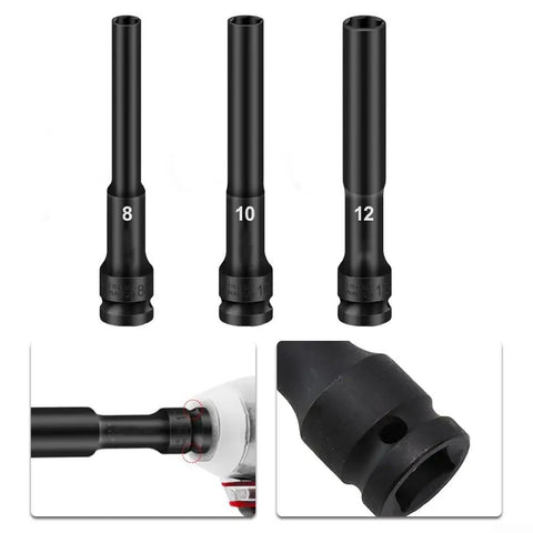 Heavy Duty 3PCS Chrome Vanadium Socket Adapter Set For Impact Wrench Fits 8mm 10mm And 12mm Hex Heads With Sweet 1/2 Inch Drive Interface Totally Rock Solid Gear Head Upgrade, black adapters