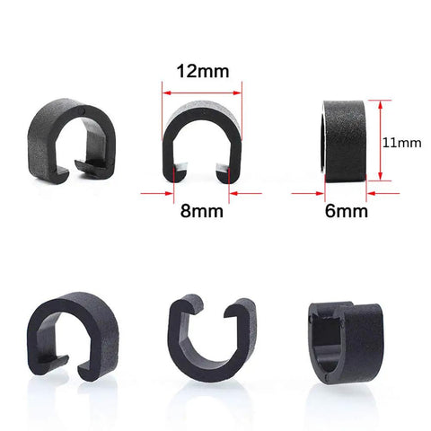 40 Pcs Plastic Bicycle C Clips Clamps For Cable Housing Guides 8 Mm Inner Diameter, side and angled views showcasing dimensions.