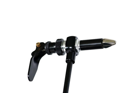 Close-up of Heavy Duty Rotary Fly Tying Vise With Sturdy Bench Clamp And Smooth Adjustable Tension, showcasing durable black steel design.
