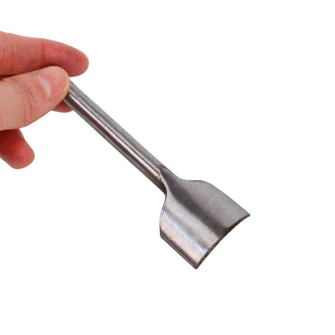 Hand holding arc shaped leather punch from Arc Shaped Leather Punch Set For Belts Wallets And Bags, 7 Piece Cutter Tools In 10mm To 40mm Sizes.