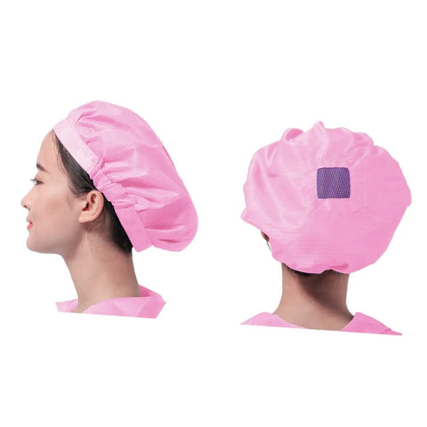 Eight Pack Hot Pink Anti Static Mesh Work Caps With Hella Breathable Mesh Panels Tough Reusable Polyester Build Kickass Shop Floor Protection For Electronics Factories, side and back views.