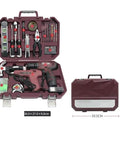 Heavy Duty 12V Lithium Electric Drill And Rechargeable Screwdriver Featuring A Slick 91 Piece Household Toolbox Set in a hard shell case.