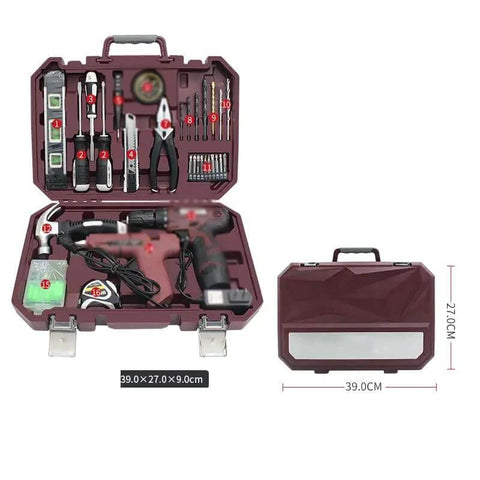 Heavy Duty 12V Lithium Electric Drill And Rechargeable Screwdriver Featuring A Slick 91 Piece Household Toolbox Set in a hard shell case.