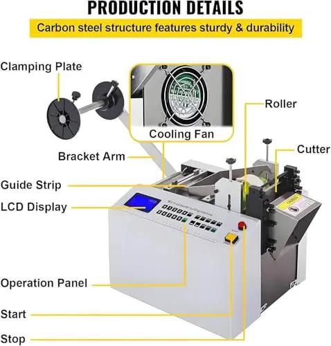 Top Tier 250W Automatic Heat Shrink Tube Cutter High Precision Electric Pipe Cutting Machine control panel and components overview.