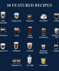 18 coffee drink recipes displayed, including espresso, cappuccino, latte, iced coffee. Silver Automatic Espresso Machine With Built In Milk Frother And One Touch Brewing System For Killer Shots And Creamy Lattes And Fresh Iced Coffee Top Shelf Sips No Fuss.