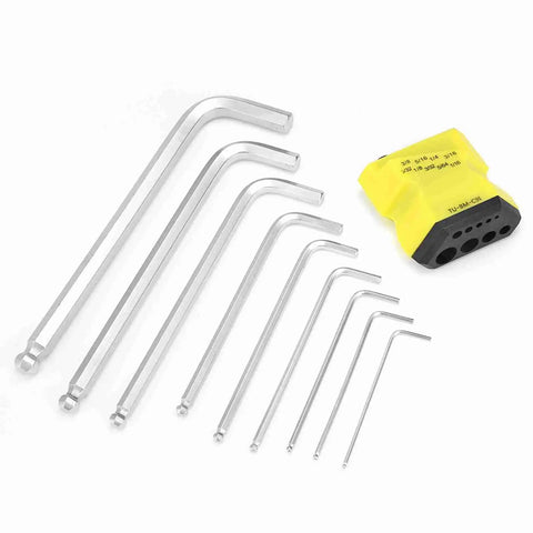 Super Durable 9Pcs Ball End Hex Key Wrench Set Made From Chrome Vanadium Steel Perfect For Mechanics And Pros Who Need A Killer L Shape Tool Kit That Will Last A Lifetime In The Garage. 9-piece ball end hex keys in yellow holder