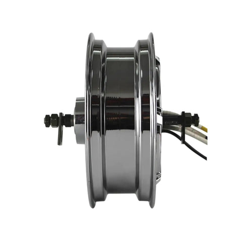 Badass High Torque Hub Motor For Electric Builds 13 Inch 72 V Drive Unit showing chrome finish, side view of wheel hub motor.