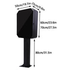 Locking EV Charger Weatherproof Enclosure With Mounting Post shown in black with dimensions, made of galvanized steel and tempered glass.