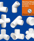 Various white PVC pipe fittings on blue background for 1 Inch PVC Pipe Furniture Grade Schedule 40 White 40 Inch Length 10 Pack projects