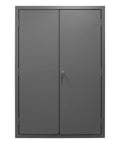 Front view of 48 Inch Wide Rock Solid Steel Lockable Workshop Cabinet Featuring 138 Blue Hook On Organizers And Three Adjustable Shelves.