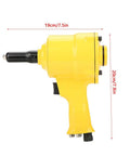 Built Like A Tank Pneumatic Rivet Gun Featuring An Easy Grip Design And Rapid Air Powered Drive For Auto Repair And Metal Fabrication 2 Point 4 To 4 Point 8 mm Fasteners In Bright Yellow side view with dimensions