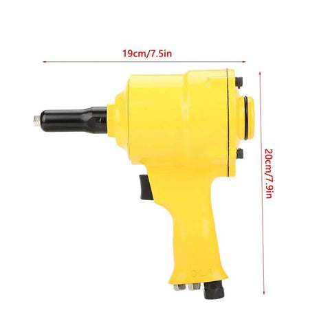Built Like A Tank Pneumatic Rivet Gun Featuring An Easy Grip Design And Rapid Air Powered Drive For Auto Repair And Metal Fabrication 2 Point 4 To 4 Point 8 mm Fasteners In Bright Yellow side view with dimensions
