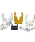 Rock Solid Shop Grade CNC Spindle Tool Holder And Chuck Clamp With Hardened Alloy Steel Lock, five tool holders in various colors.