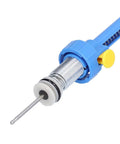 Close-up of Desoldering Pump Solder Sucker With Wick Kit Handheld Tin Solder Tool for Electronics Repair, blue ABS body, metal nozzle