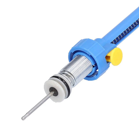 Close-up of Desoldering Pump Solder Sucker With Wick Kit Handheld Tin Solder Tool for Electronics Repair, blue ABS body, metal nozzle