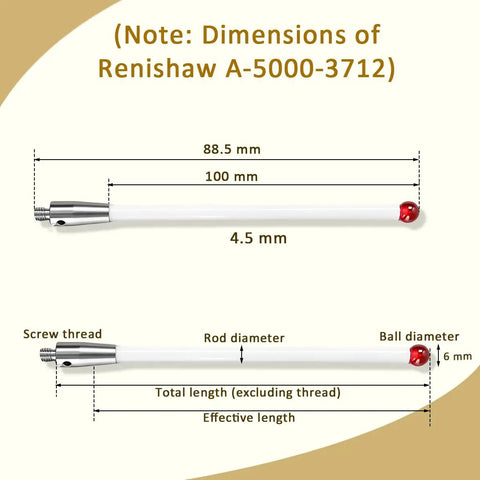 CMM Touch Probe Stylus With M4 Thread, Ceramic Stem, And Ruby Ball Tip For Ultra Precise Metrology Replacement For Renishaw A-5000-3712 Compatible Heads, 6mm Shaft, Lightweight And Rigid. 100 mm length diagram