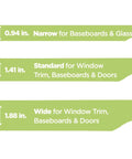 Size options for painters tape showing 0.94 in narrow, 1.41 in standard, 1.88 in wide; suitable for baseboards, glass, doors.