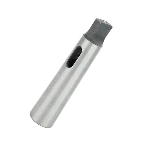Drill sleeve MT3-to-MT2 taper reducing adapter, silver metal with side slot.