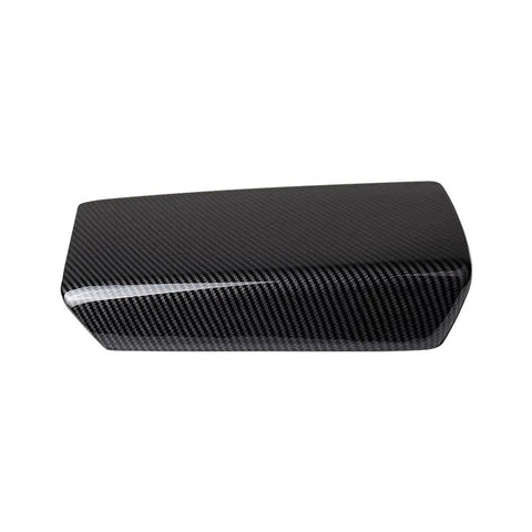 Sleek Carbon Fiber Center Console Cover Compatible With Tesla Model 3 And Model Y 2017 To 2023, top view showing smooth black finish.