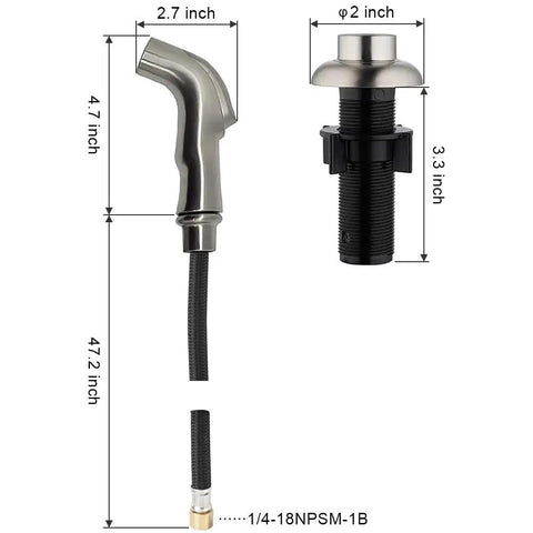 Universal Kitchen Sink Sprayer Replacement with hose and holder in brushed nickel, dimensions shown, 1/4 inch female thread.