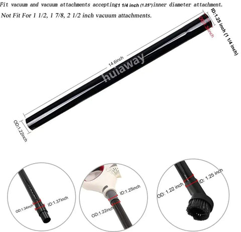 Diagram showing Three Piece Vacuum Extension Wand Set 1.25 Inch Inner Diameter 32mm Plastic Tubes and measurements