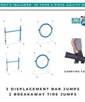 Backyard Dog Agility Jump Set 4 Pack with 2 bar jumps, 2 tire jumps, and a carrying case, shown in illustration.