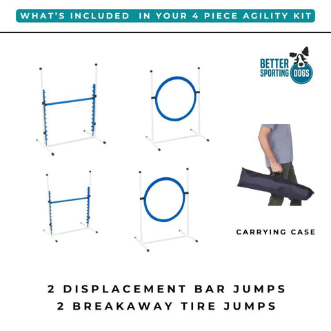 Backyard Dog Agility Jump Set 4 Pack with 2 bar jumps, 2 tire jumps, and a carrying case, shown in illustration.
