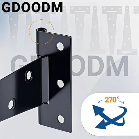 Close-up of 12 Pack 6 Inch T Strap Shed Door Hinges Black Heavy Duty Tee Hinges For Wooden Fences and Gates, 270-degree rotation
