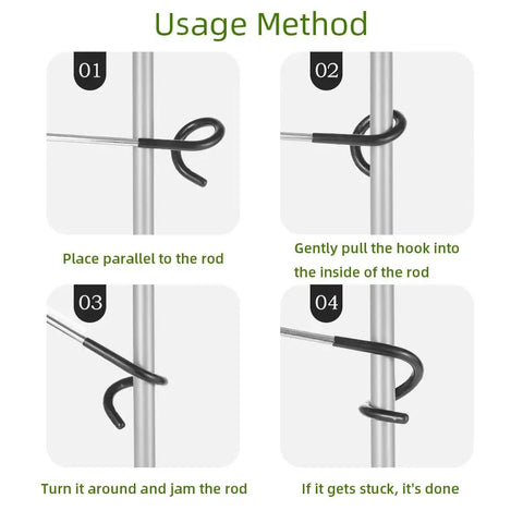 Installation steps for Sturdy Stainless Steel Outdoor Lighting Hooks for poles or branches, showing anti-slip rubber grip usage.