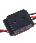 Close-up of 60A Brushed ESC For 1/10 RC Cars And Tanks, 6V 2A BEC, black casing with red and black wires visible.