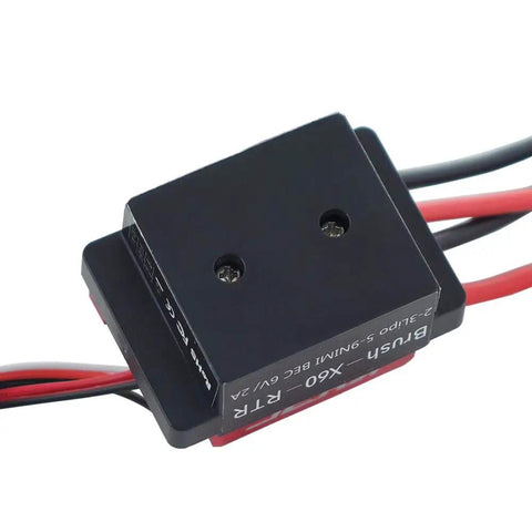 Close-up of 60A Brushed ESC For 1/10 RC Cars And Tanks, 6V 2A BEC, black casing with red and black wires visible.