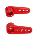 Red metal 25T servo horn set (2 pcs) with M3 threaded holes and splined bore for RC car servos.
