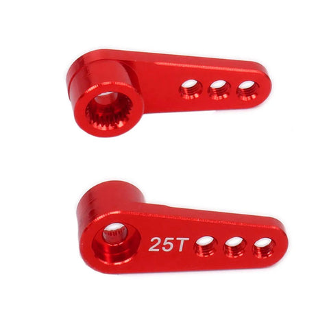 Red metal 25T servo horn set (2 pcs) with M3 threaded holes and splined bore for RC car servos.