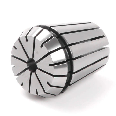 Close-up of a single ER32 spring collet from the 26 Piece ER32 Spring Collet Set For CNC Engraving Machines And Milling Lathes Pro Grade Workholding Tooling For Secure Clamping Wide Range Of ER32 Collets For Boring Milling And Engraving Applications, made of durable steel, showcasing grooved design for secure clamping.