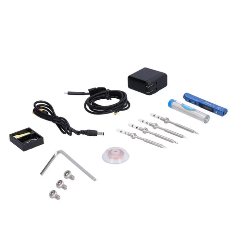 Top Tier Jauarta Mini Electric Soldering Iron Kit With Power Adapter Plus 4 Interchangeable Tips For Welding Work At Any Time Using USB Power Supply In Cool Blue Color, complete kit layout.