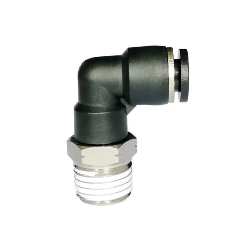 Ten Pack Push To Connect Air Fittings 90 Degree Pneumatic Tube Elbow One Quarter Inch Tube OD To One Quarter Inch NPT Thread Quick Connect For Easy Snap On Air Lines Durable Plastic And Stainless Steel With 360 Degree Rotation, 1/4 in NPT