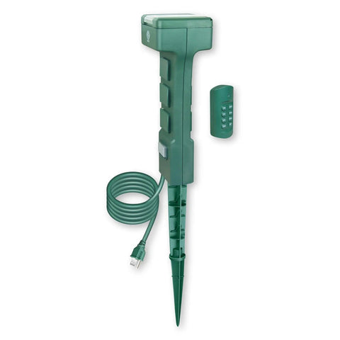 No Drama Outdoor Power Stake With Remote Control Photocell Timer And Dusk To Dawn Switch with six-foot cord and plug.