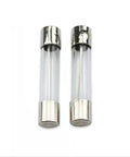 Close-up of two 6x30mm glass tube fuses from Assorted Glass Tube Fuses Kit 50 Pcs Set 6x30mm Quick Blow Varieties From 0.5A To 30A