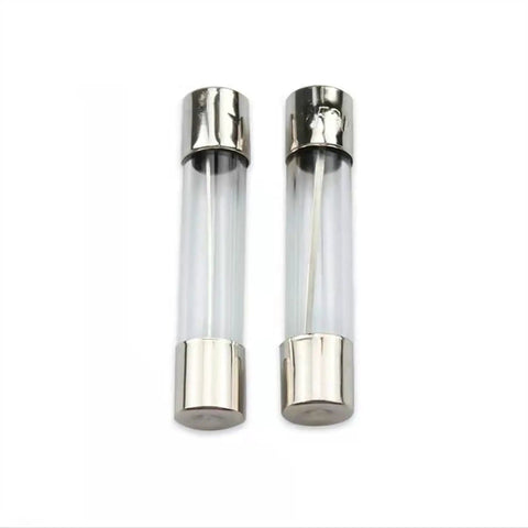 Close-up of two 6x30mm glass tube fuses from Assorted Glass Tube Fuses Kit 50 Pcs Set 6x30mm Quick Blow Varieties From 0.5A To 30A