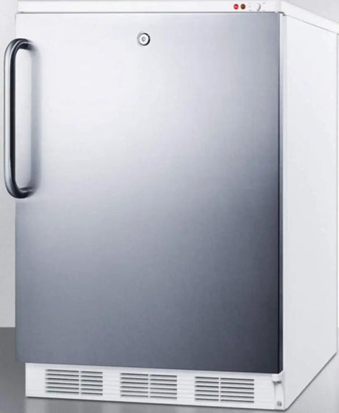 Straight Up Commercial Upright Freezer With Premium Stainless Steel Wrap And Rock Solid Factory Key Lock Nsf Certified, front view with sleek handle.