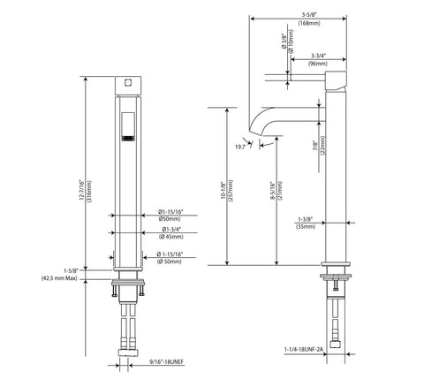 Technical diagram of Ramus Single Handle Vessel Sink Bathroom Faucet With Pop Up Drain Chrome Finish Lead Free Solid Brass Construction Premium Ceramic Cartridge Modern Sleek Look That Delivers Smooth Leak Free Performance, showing dimensions.