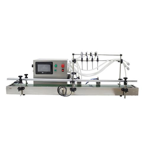 Zero Fuss Automatic Desktop 4 Head Liquid Filling Machine With Digital Controls And Rock Solid Stainless Steel Frame For Slick Dosing Of Drinks Beauty Products And Syrups 110V side view with digital screen and fill hoses.