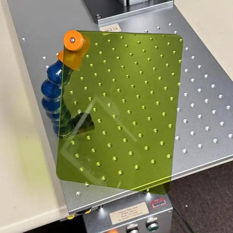 Kickass Articulated Fiber Laser Engraver Safety Window Shield featuring 180mm polymer lens, mounted on blue loc line.