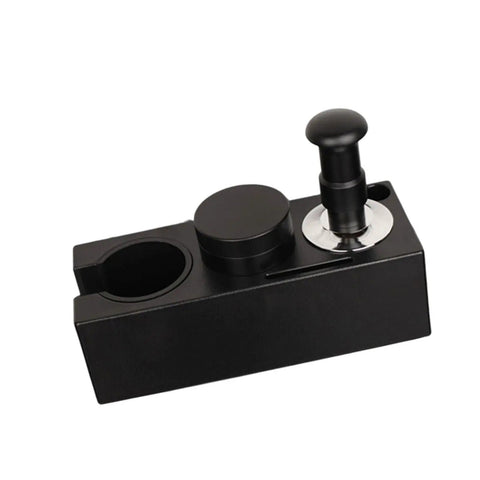 Straight Fire Coffee Tamper Base And Tamping Station for 51mm 53mm 58mm Portafilters with precision tool in black ABS.