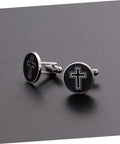 Black Titanium Steel Cross Pattern Cufflinks For Men, Dress Shirt Fasteners For Weddings And Business Formal Events, Durable Polished Cufflinks