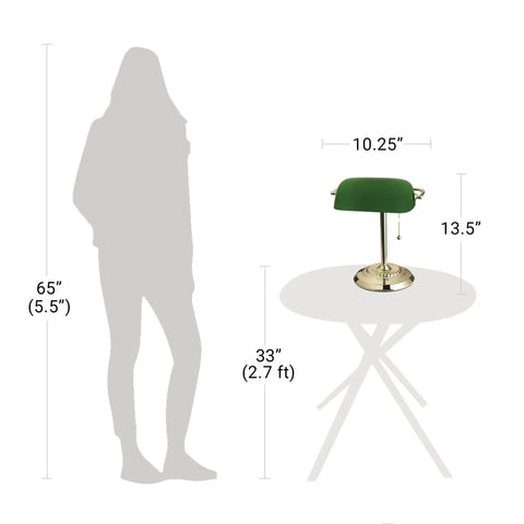 Diagram showing 13.5 Inch Traditional Banker Lamp with Green Glass Cylinder Shade and Polished Brass Finish next to human silhouette.