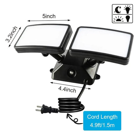 Dusk To Dawn LED Security Light With Built In Sensor 18W Plug In Flood Light Outdoor 5000K 1600LM IP55 Adjustable Two Head Wall Mount