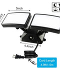 Dusk to Dawn LED Security Light 18W Plug-In Outdoor Flood Light 5000K Daylight 1600LM IP55 Waterproof shown with cord dimensions.